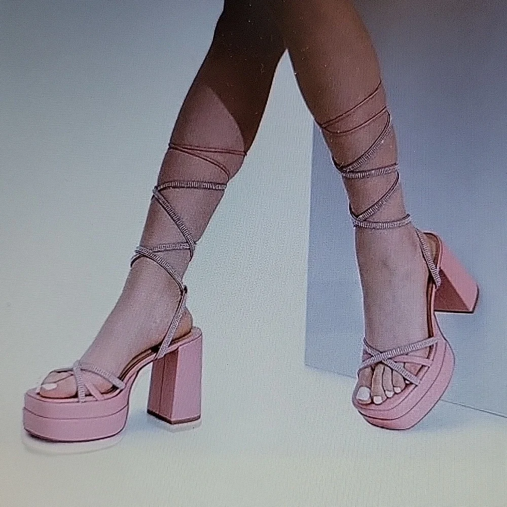 Dream Pairs pink platform heel lace up rhinestone tie strap chunky heel 7.5 NEW…